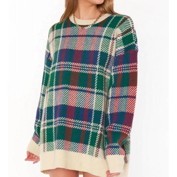 Show Me Your Mumu Women's Ember Tunic Sweater - Oversized Patchwork Sweater In Brown, Cream & Pink